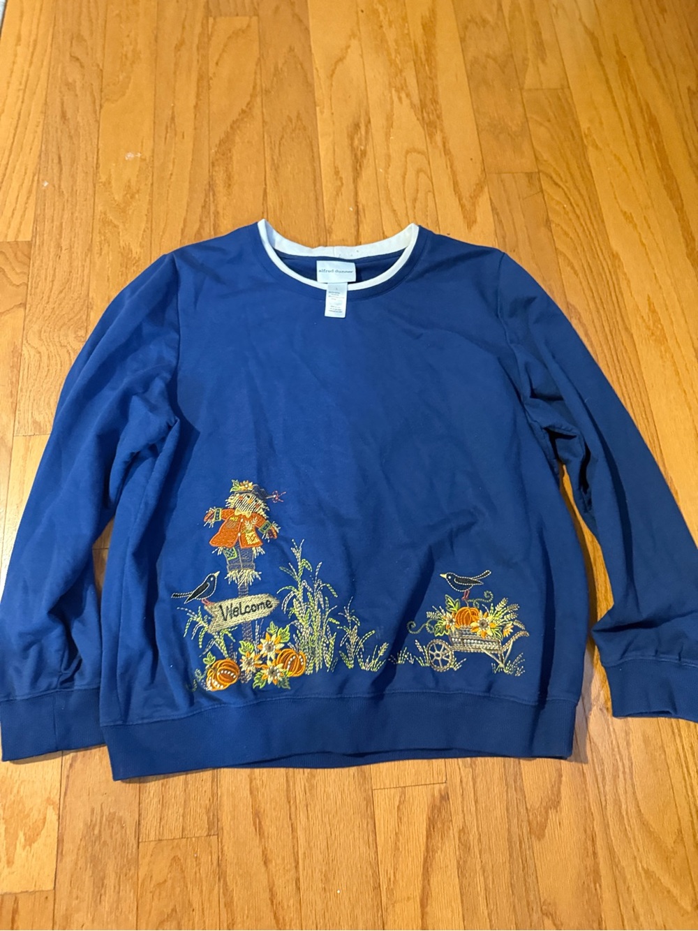 Alfred Dunner Blue Crewneck Sweater with Fall Scarecrow Embroidery